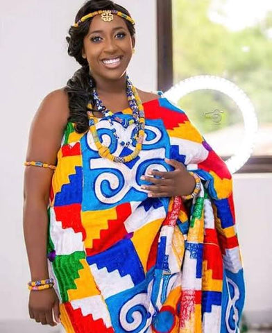 Bride in Kente fabric with Akindra symbols