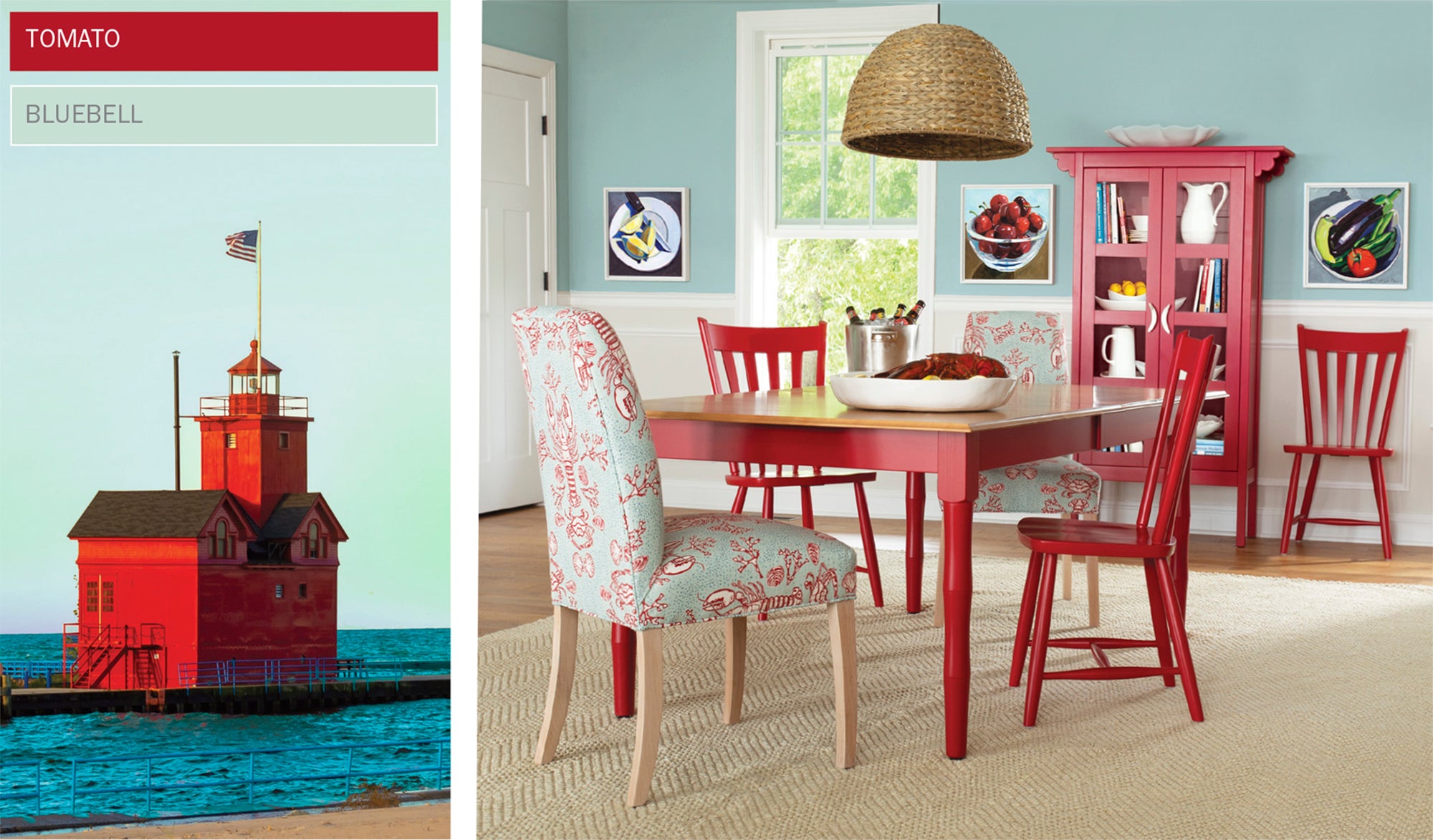 Extension dining table, upholstered and wood chairs, glass cabinet in red, jute rug, pendant light, Artwork: lemon, cherries