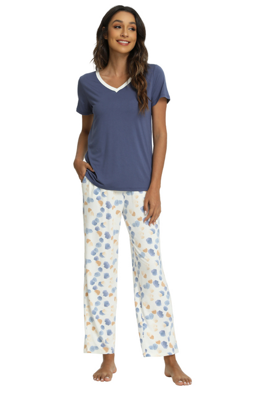 Ladies Bamboo Pyjamas: Blue T-Shirt with Patterned PJ Pants.