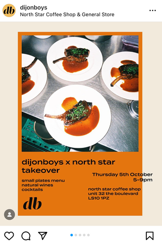 Things to do in Leeds: an instagram post to promote Dijon Boys at North Star, featuring plates of food on a chefs counter
