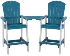 Pair of blue resin Adirondack bar chairs connected with a counter piece.