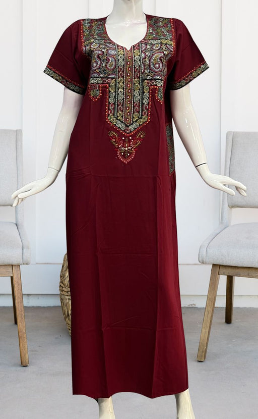 Maroon Embroidery Soft Cotton Long Sleeves Nighty. Soft Breathable Fabric, Laces and Frills