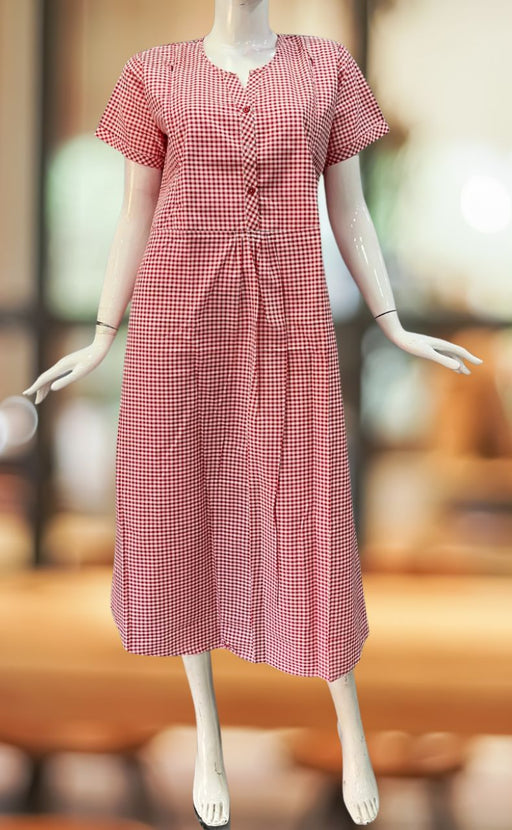 Red/White Checks Soft Cotton Feeding Nighty . Soft Breathable Fabric, Laces and Frills