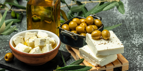feta cheese, green olives and oil