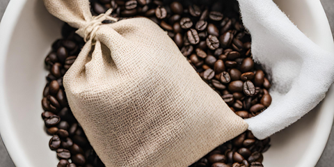 coffee beans in a muslin bag surrounded in coffee beans