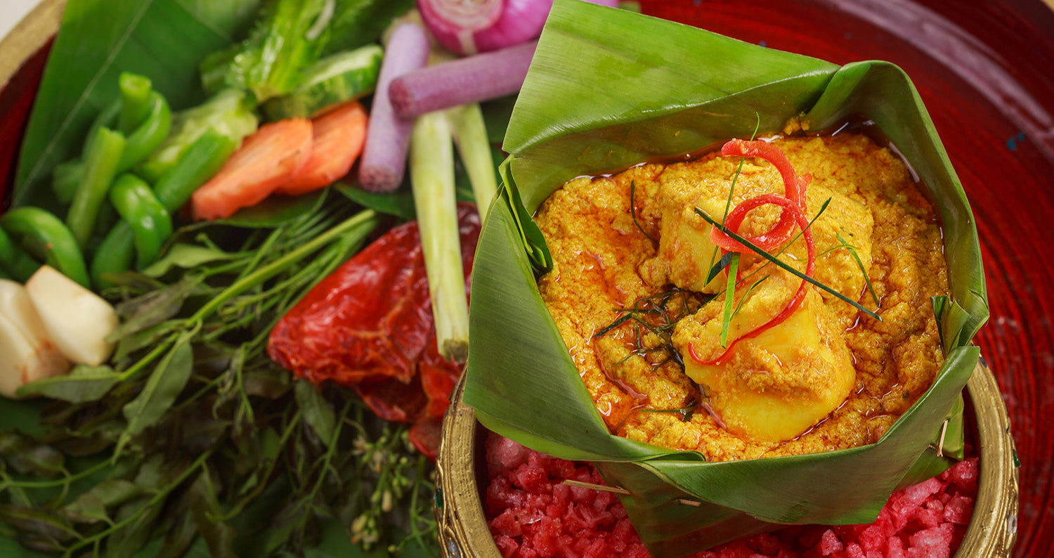 Cambodian curry in a bowl of banana leaves