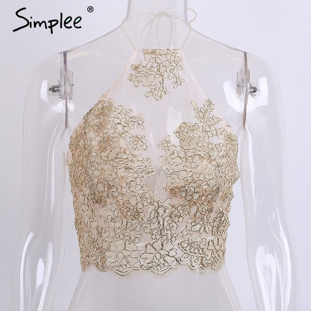 Simplee Elegant white lace crop top Summer beach backless short halter ...