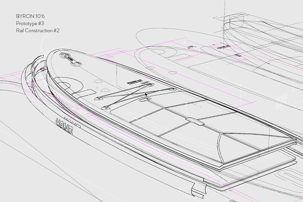 Design sketch of the Byron 10'6 stand up paddleboard prototype detailing the rail construction