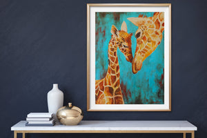 Giclee fine art print of "Young Love" original painting of mom and baby giraffe
