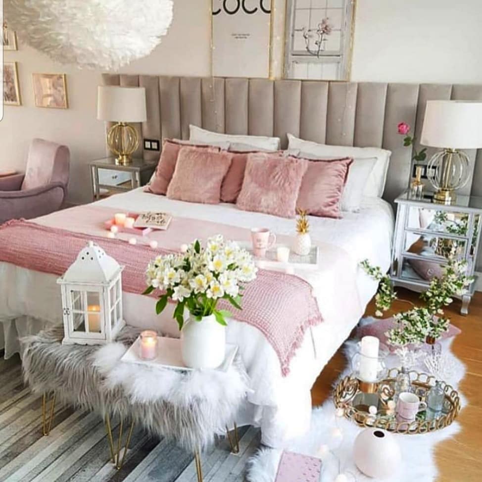 light pink and green bedroom