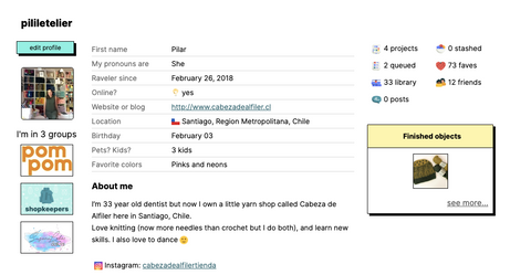 perfil personal pililetelier ravelry