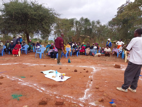 Community people drawing a map of Open Defecation (OD) for their area.