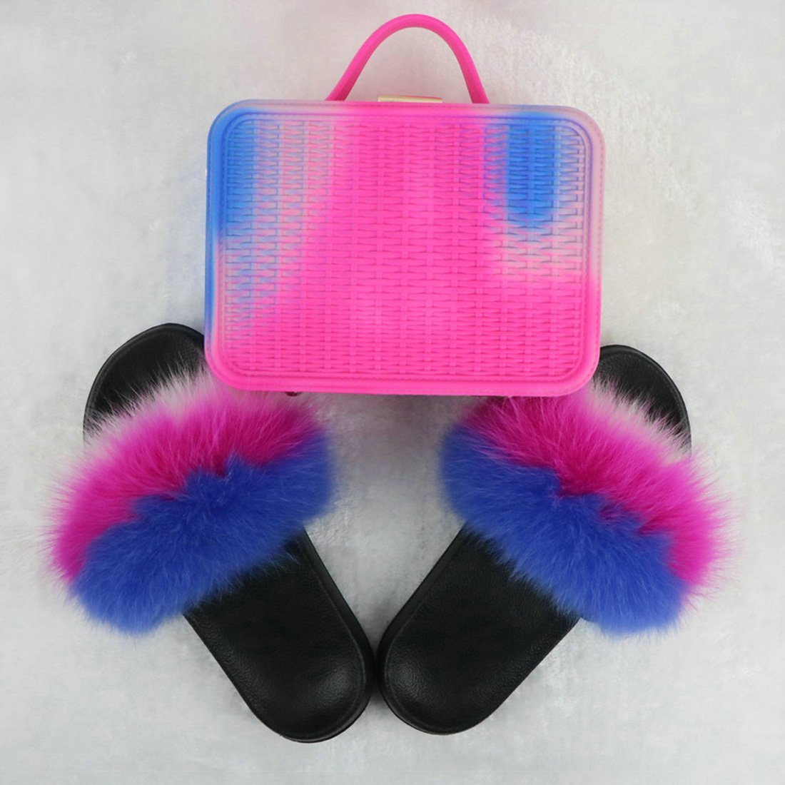 rainbow faux fur slides