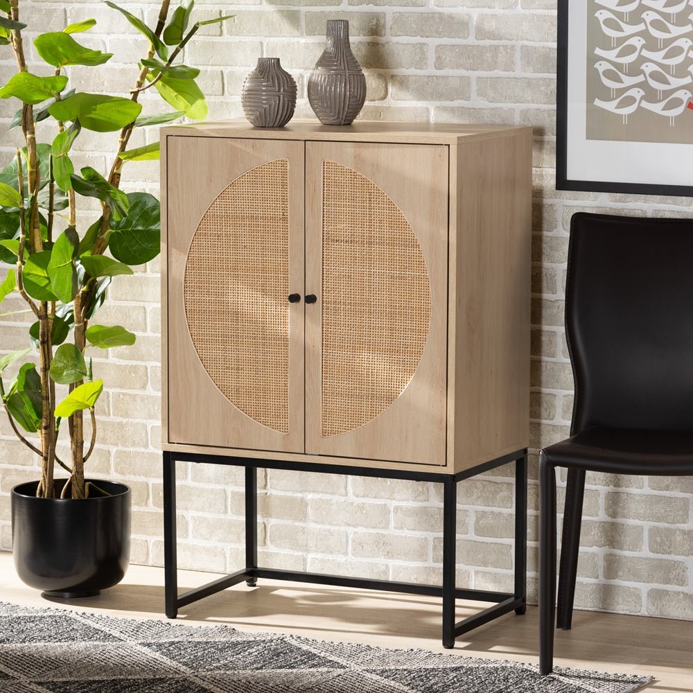 Crete Small Storage Cabinet with Drawers,5 Drawer Cabinet With Wood Texture  And Natural Rattan Storage Cabinet,Mint Finish-Maison Boucle