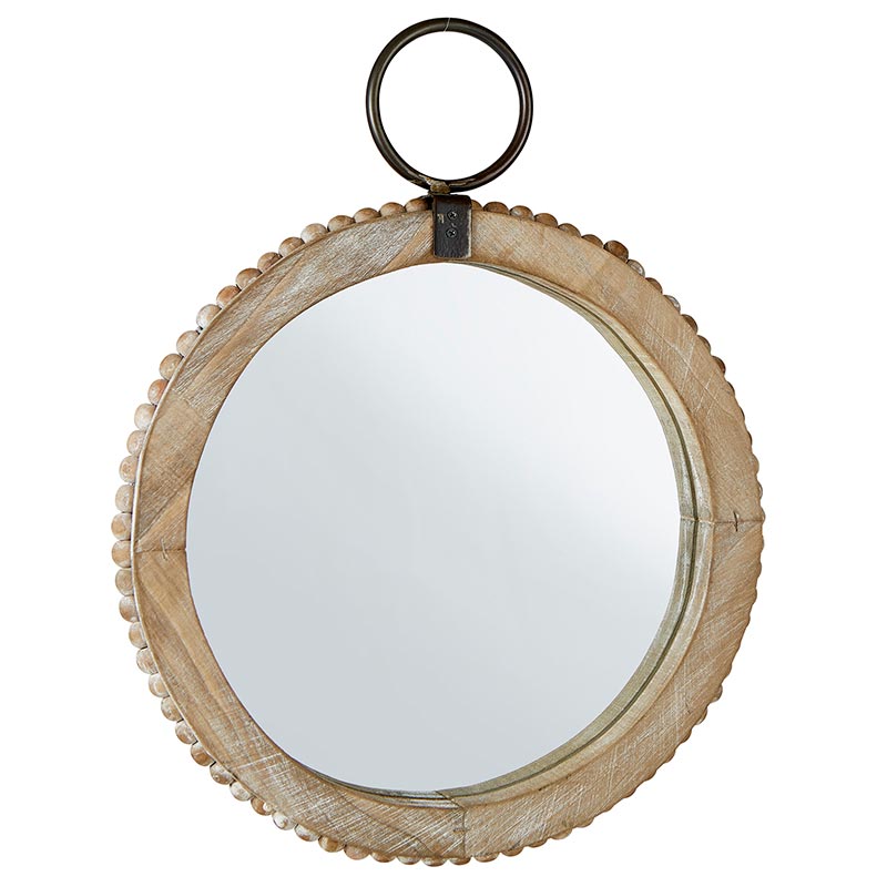 Cylindrical wood beads hand-sewn in a unique design over a metal frame.  Mirror comes with metal