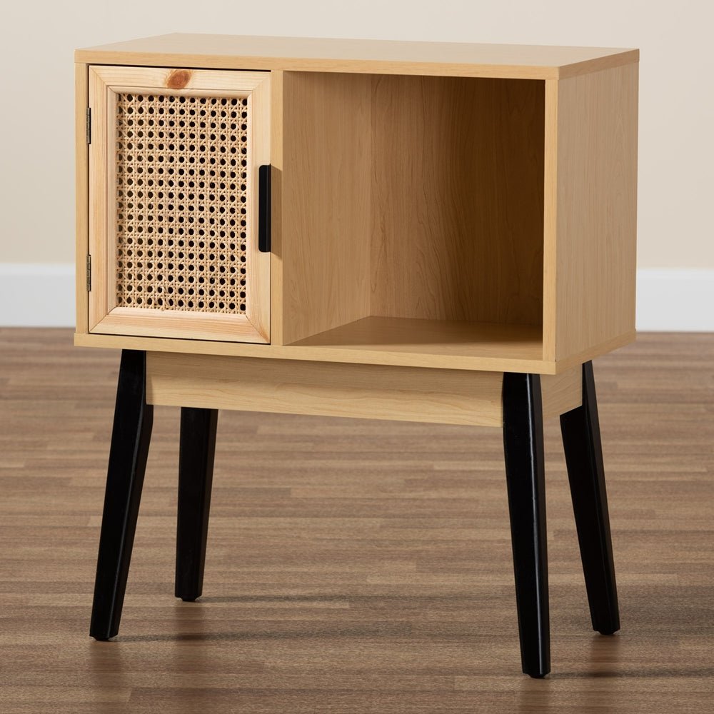 Dacre Mid Century Modern Transitional Two Tone Oak Brown And Black Finished Wood 1 Door Console Table With Natural Rattan