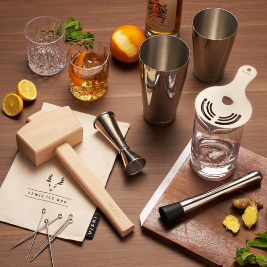 Viski Travel Bartender Kit 6pc Set  Drink Mixers for Cocktails Gift  Essentials: Classic Cobbler Shaker, Hawthorne Strainer, Bottle Opener,  Jigger, Barspoon, Muddler & Canvas Carry Bag