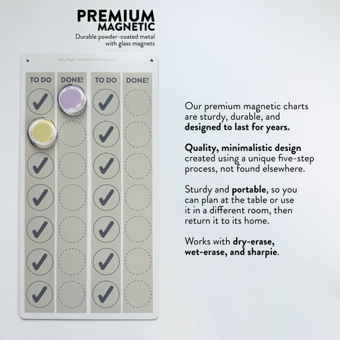 Our premium magnetic charts  are sturdy, durable, and designed to last for years.   Quality, minimalistic design created using a unique five-step process, not found elsewhere.  Sturdy and portable, so you  can plan at the table or use  it in a different room, then  return it to its home.  Works with dry-erase, wet-erase, and sharpie.