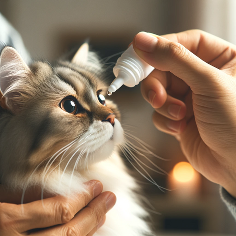 A pet cat receiving an TraumaPet eye drop from its owner