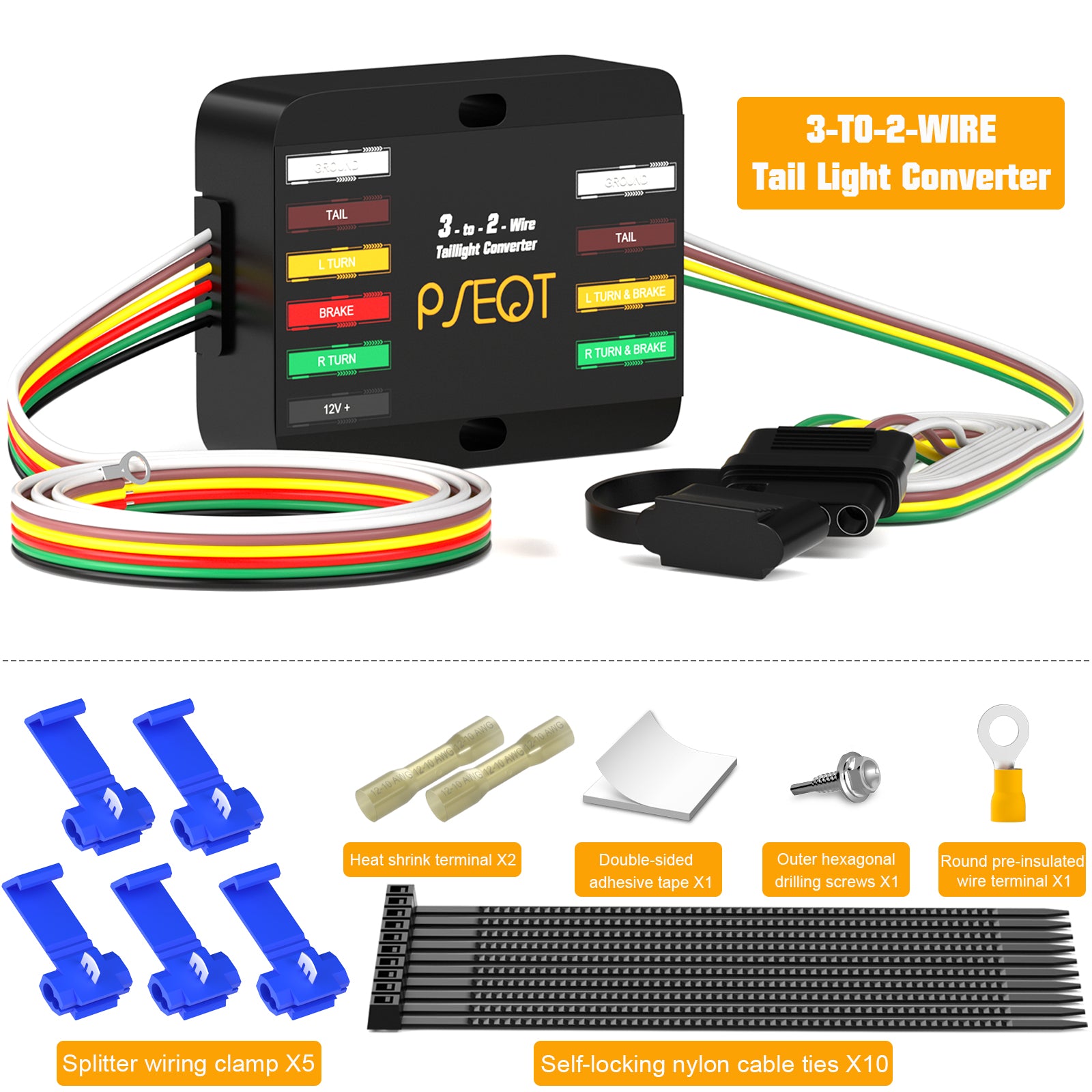 PSEOT 3-to-2-Wire Taillight Converter Kit - Universal Brake/Turn Signal Adapter