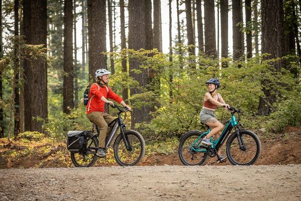 Two people riding Schwinn e-bikes in a forest.