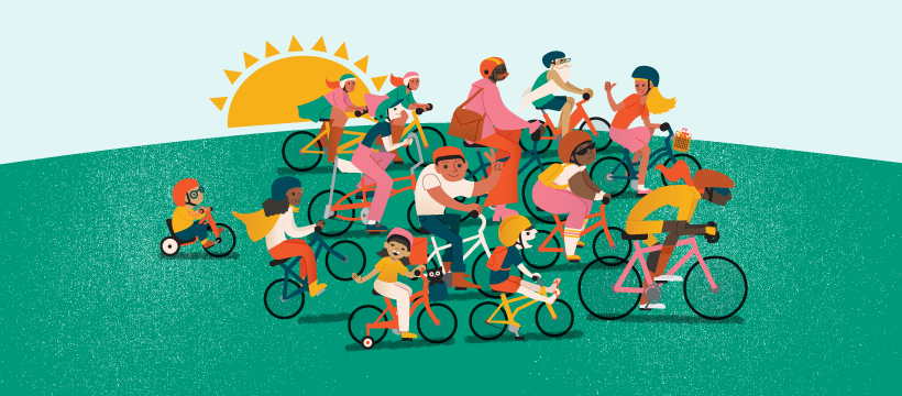 Illustration of a group of people from all over the world riding bikes and celebrating with caption: Celebrate Bike Month