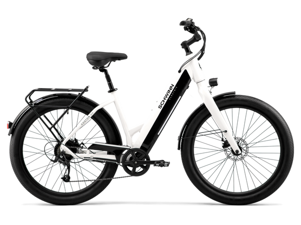 A white colored Coston DX Step-Thru electric bike by Schwinn