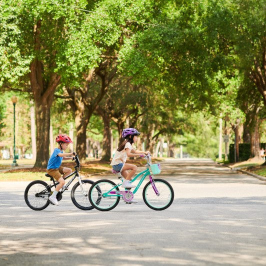 Two children riding their Schwinn bikes across the street in a single file line.