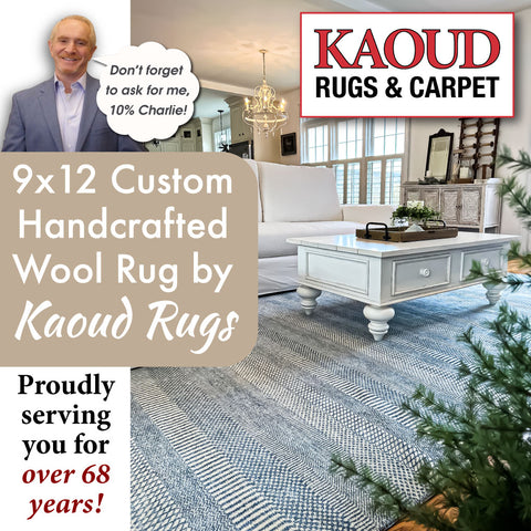 custom kaoud wool rug with charlie next to the kaoud rugs and carpet logo