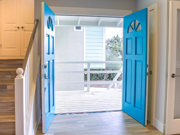 two blue doors fully open