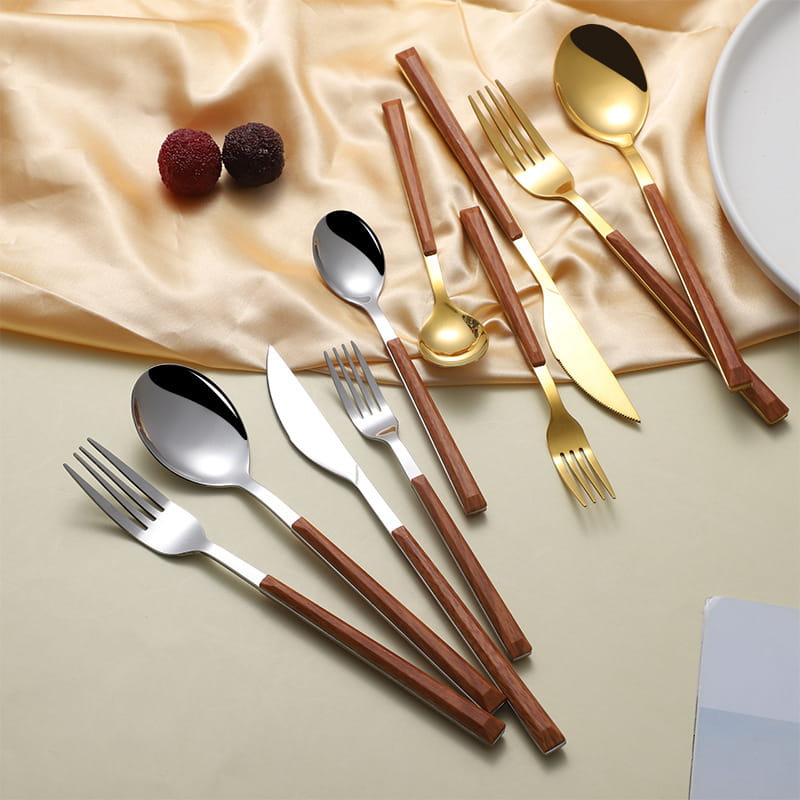Stainless Steel Cutlery Set5 Pieces Gold And Sliver Flatware With Wood