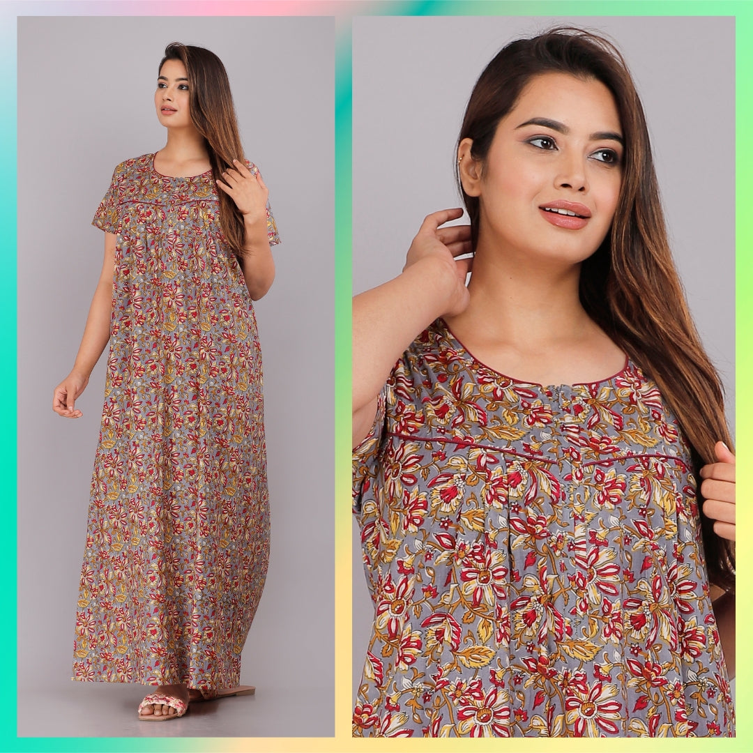 This beautiful Georgette maxi has flare full of 9mm sequence with a  beautiful kalamkari print border and a yok of kalamkari prin Gowns