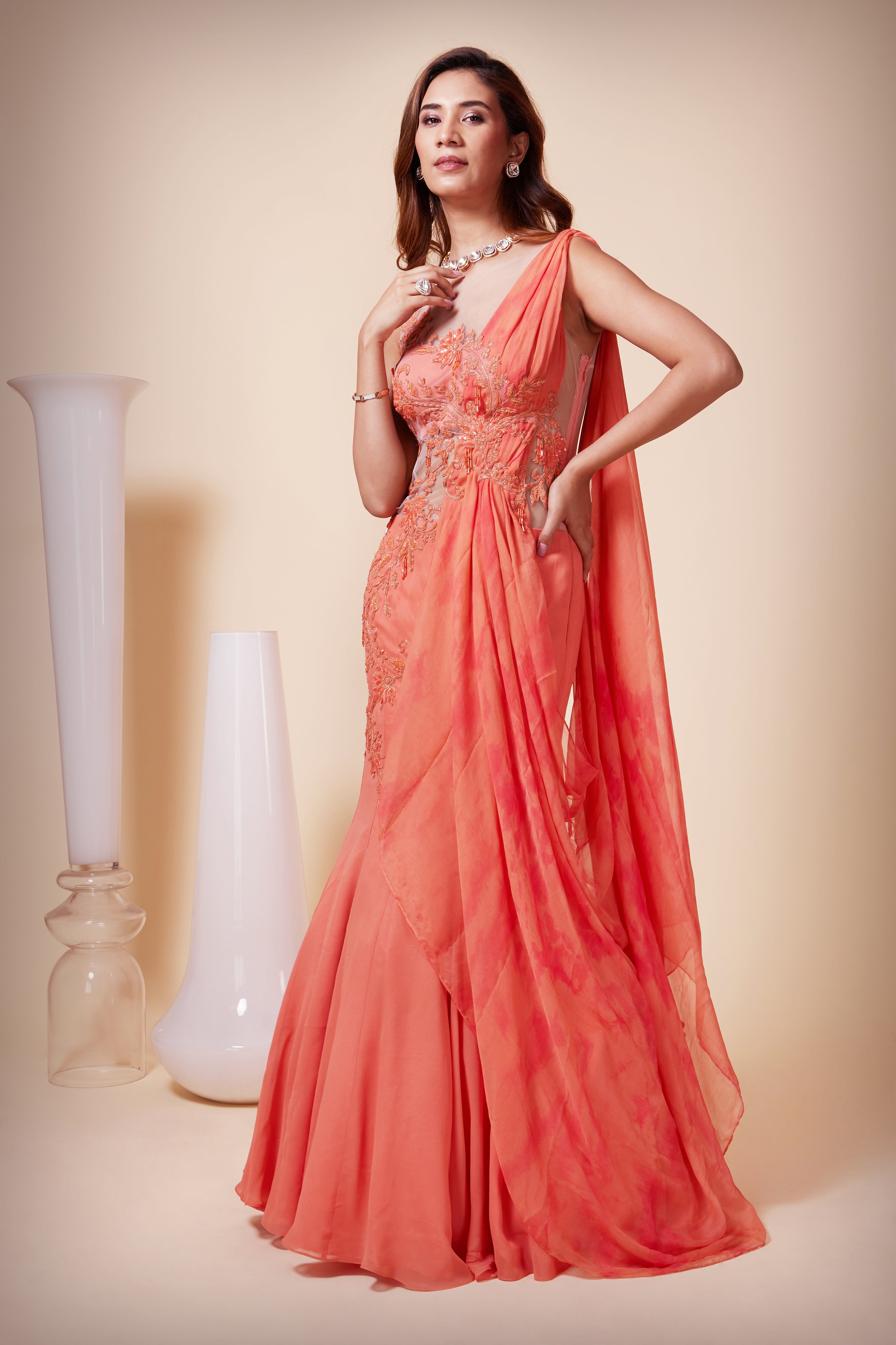 Multi-Colored Satin Silk & Net Embroidered Gown Saree Design by Disha Kahai  at Pernia's Pop Up Shop 2024