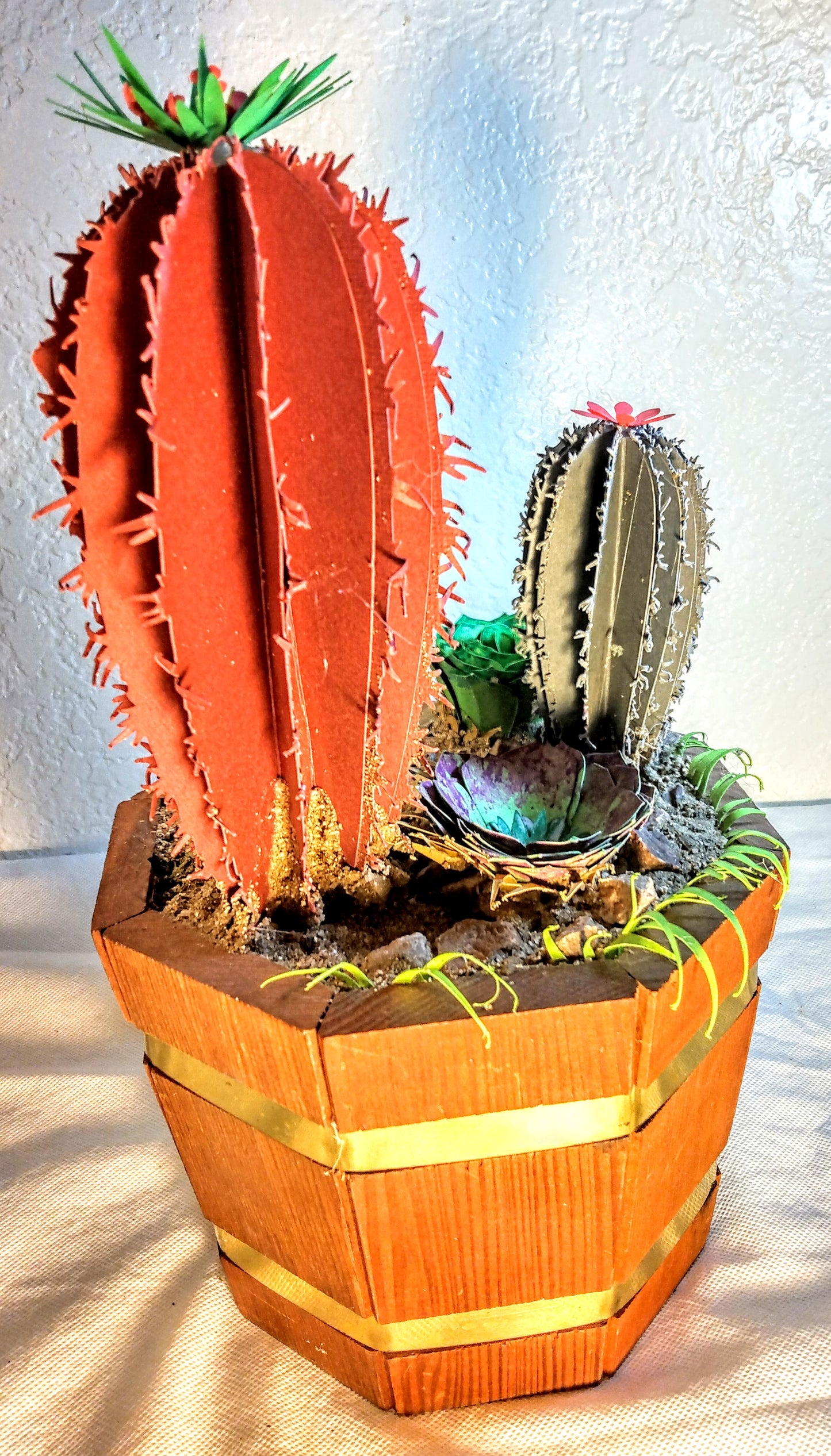 Wooden bucket of cacti