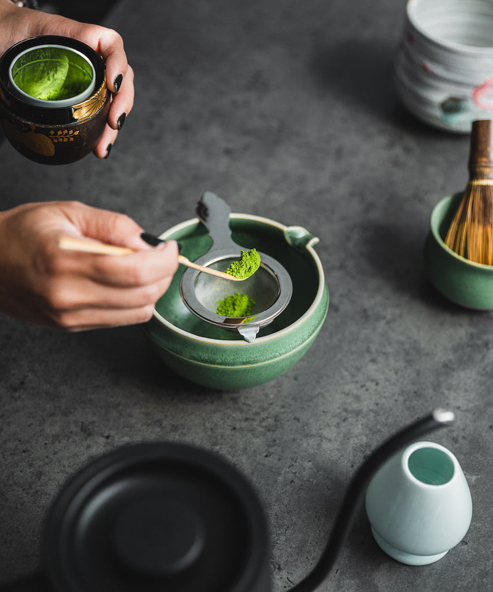 Suikaen Artisan Matcha Whisk, Whisk rest, and Sieve from Tsubame