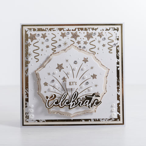 Learn how to create this party streamer celebration card using our free card-making tutorial. In this silver and gold card you’ll be using the stars and streamers from our new stamps to create this beautiful project.