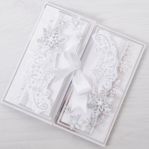 Learn how to create this elegant gatefold Christmas card with glitter snowflakes using products from Chloes Creative Cards White Christmas Collection