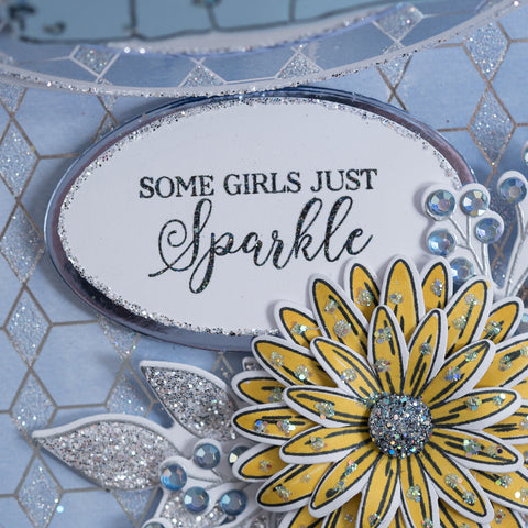 Sparkling glitter foliage die cut stamp and Pretty Daisy 3D flower stamp from Chloes Creative Cards