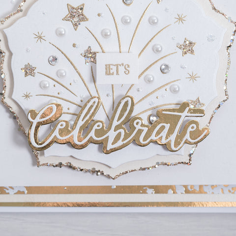 Learn how to create this party streamer celebration card using our free card-making tutorial. In this silver and gold card you’ll be using the stars and streamers from our new stamps to create this beautiful project.