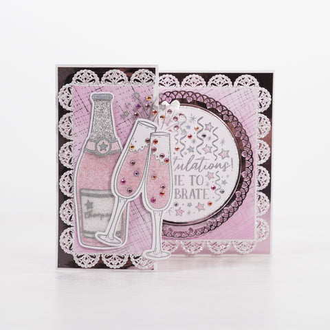 Learn how to make this pink glitter celebration card featuring our crystal embellished champagne bottle stamp and champagne glasses to celebrate a huge milestone or special occasion.