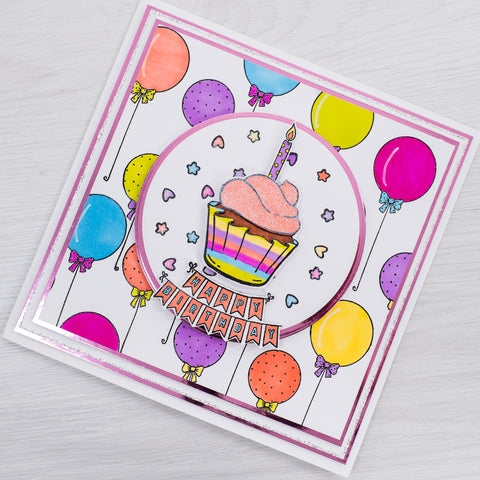 Learn how to create this fun and colourful balloon and cupcake birthday card using card-making products from Chloes Creative Cards Box Kit 10.