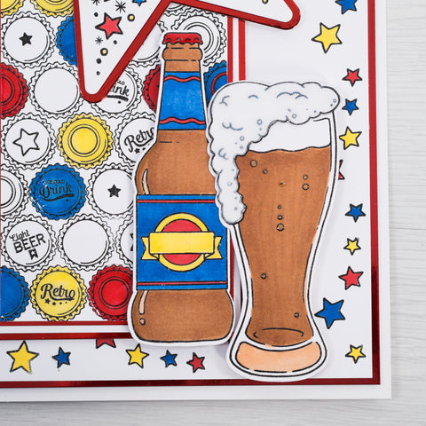 Learn how to make this colourful Birthday Beer greetings card with a beer cap background stamped print using our new stamps and card making dies from Chloes Creative Cards.