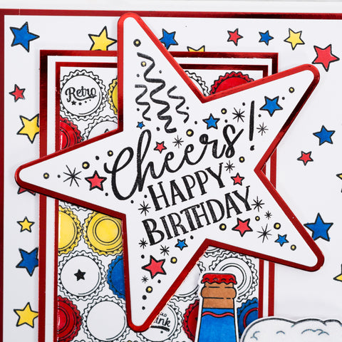 Learn how to make this colourful Birthday Beer greetings card with a beer cap background stamped print using our new stamps and card making dies from Chloes Creative Cards.