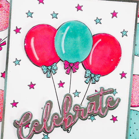 Learn how to create a colourful birthday card with stamped balloon elements and 'celebrate' sentiment message using card-making products from Chloes Creative Cards.