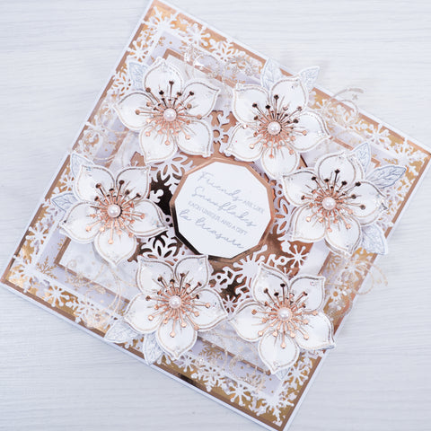 Learn how to make this beautiful rose gold and white Christmas Wreath card featuring our gorgeous 3D Christmas Rose stamp set and our new Snowflake Frames Die set to add a snowy detail to your card edges.