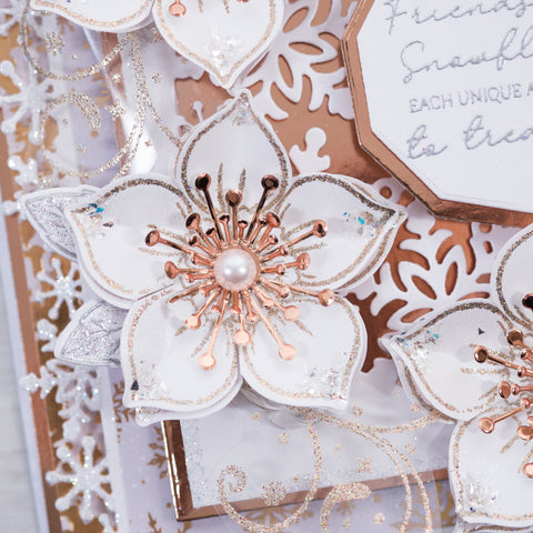 Learn how to make this beautiful rose gold and white Christmas Wreath card featuring our gorgeous 3D Christmas Rose stamp set and our new Snowflake Frames Die set to add a snowy detail to your card edges.