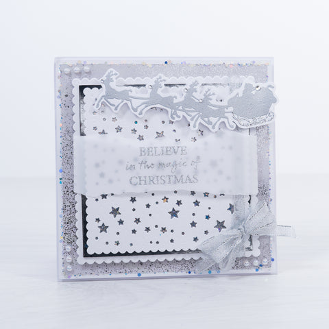 Create a starry sky delight with our new scalloped star background stamp from Chloes Creative Cards. This quick and easy to use stamp is perfect for setting the scene for Santa and his sleigh this Christmas time.