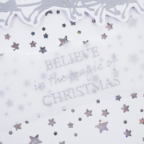 Create a starry sky delight with our new scalloped star background stamp from Chloes Creative Cards. This quick and easy to use stamp is perfect for setting the scene for Santa and his sleigh this Christmas time.