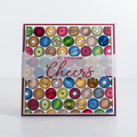 Say 'Cheers' with this beer bottle top print birthday card using our vellum sheets and new beer bottle stamps from Chloes Creative Cards