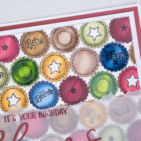 Say 'Cheers' with this beer bottle top print birthday card using our vellum sheets and new beer bottle stamps from Chloes Creative Cards
